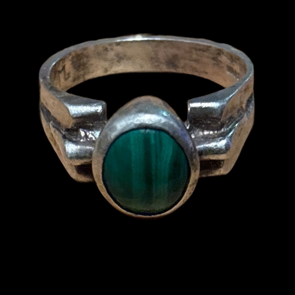 Mid Century Modern Stamped Silver Malachite Ring Size 6 - Picture 6 of 12